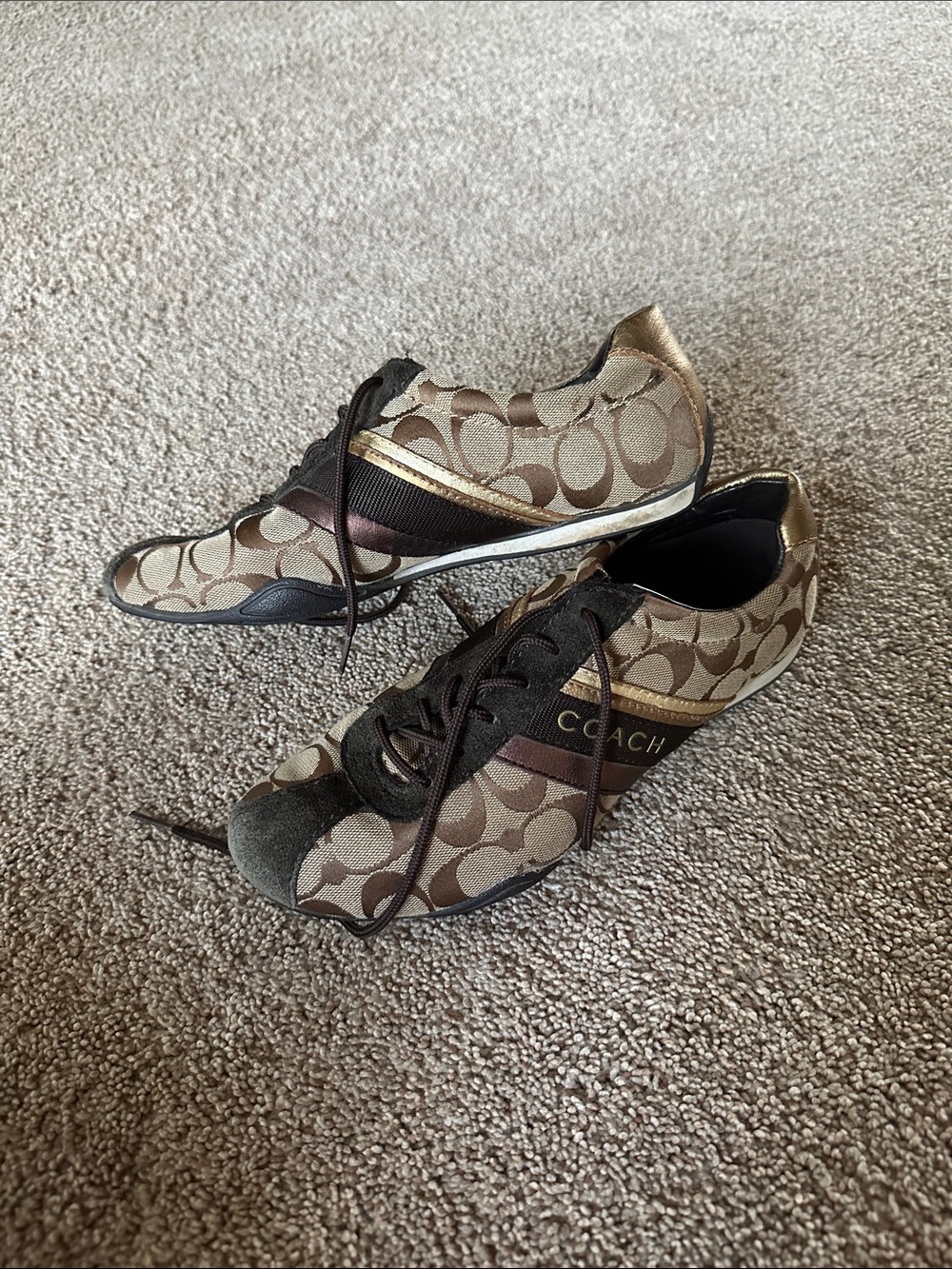 Coach Brown Signature Logo Sneakers with Gold Trim